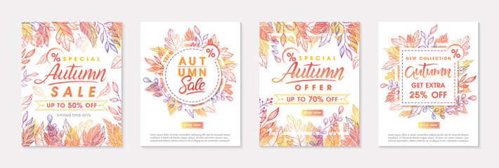 Bundle of autumn special offer banners with autumn leaves and floral elements in fall colors.Sale templates perfect for prints,flyers,banners, promotions.Business concept.Vector autumn promos.
