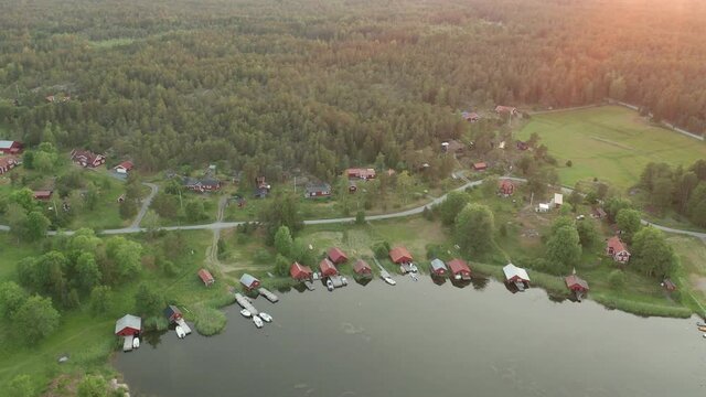 Aerial view of village & boathouses along shoreline in the archipelago