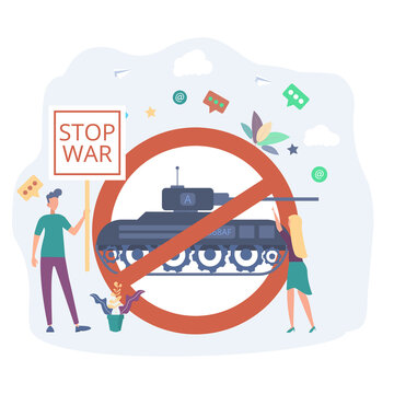 People are protesting against the war. The protest against the aggression of states. No annexation of territories. Colorful vector illustration.