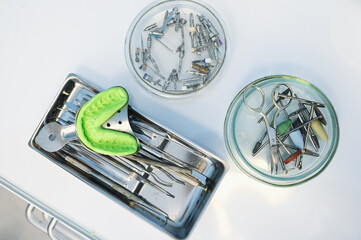 Different professional dental equipment, instruments and tools in a dentists stomatology office clinic on a white background. Silicone cast of the jaw.