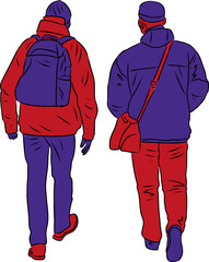 Vector drawing of silhouettes casual townsmen walking along street