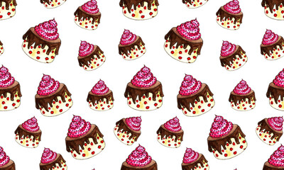 Watercolor sweets, seamless pattern. Bright cupcakes. Delicious and tasty desserts. Hand drawn illustration for cafe or restaurant menu and decoration