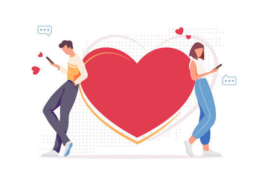 Cartoon illustration with online relationships. Technology, dating app and social media addiction. Internet love communication with smartphones. Web Chatting, write messages about date vector concept