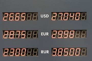 currency exchange scoreboard. Lump board with green lights of currency exchange.