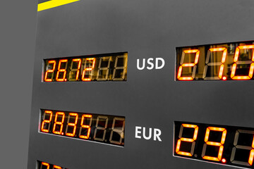 currency exchange scoreboard with USD EUR  currency exchange rates. Digital information board with different currencies.