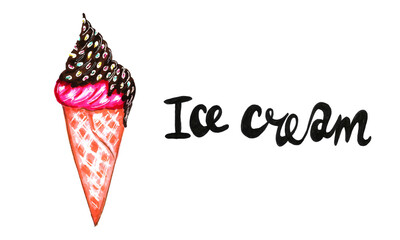 Watercolor sweets isolated on white background. Bright ice cream. Delicious and tasty dessert. Hand drawn illustration for cafe or restaurant menu and decoration