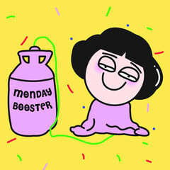 Tired Exhausted Girl With Flat Balloon Body Shape. Woman Getting Ready To Boost More Energy With Electric Monday Booster Pump Concept Card Character illustration