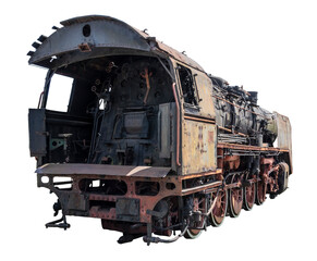 Obraz premium Old, rusty, abandoned locomotive isolated on white background