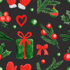 New Year and Xmas watercolor seamless pattern. Winter elements for greeting cards and design. Isolated on white background