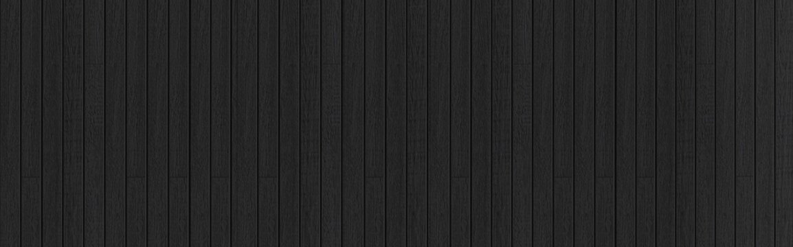 Panorama of Black wood texture background. Abstract dark wood texture on black wall. Aged wood plank texture pattern in dark tone