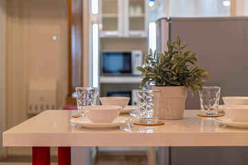 Plastic plants in pots placed to decorate at the dinning room