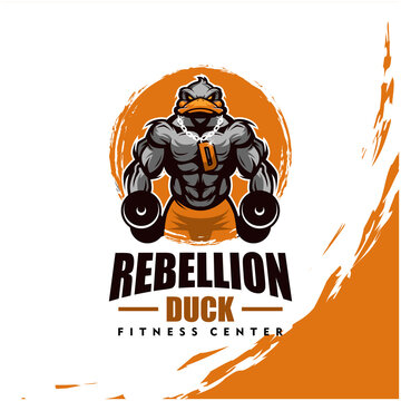 Duck With Strong Body, Fitness Club Or Gym Logo. Design Element For Company Logo, Label, Emblem, Apparel Or Other Merchandise. Scalable And Editable Vector Illustration