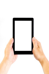 Middle aged man holding tablet computer in hands on white background.