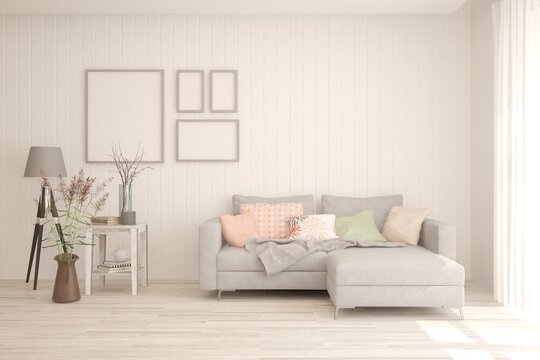White living room with sofa, lamp and home decor. Scandinavian interior design. 3D illustration