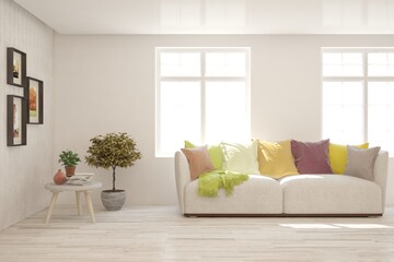 White living room with sofa. Scandinavian interior design. 3D illustration