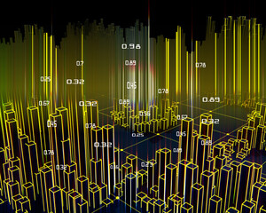 3D rendering abstract  infographic with yellow outline columns and light effects.  Business and finance analytics representation. Big Data. Futuristic geometric analyze data concept.