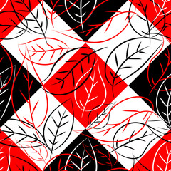 Contour red, black and white leaves on a colorful background with rhombuses. Seamless pattern for fabric, wallpaper, wrapping paper, cover design.