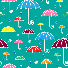 Fototapeta premium Multicolored umbrellas with a white outline on a turquoise isolated background. Seamless baby pattern for wallpaper, fabric, wrapping paper, cover design.