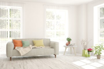 White living room with sofa. Scandinavian interior design. 3D illustration