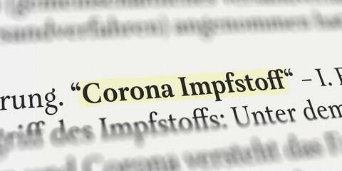 Corona Impfstoff im Buch mit Textmarker markiert