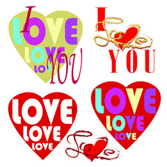 Vector set of hearts and the words "I", "LOVE", "YOU". Multicolored isolated elements on a white background.