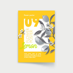 Poster with Monochrome Lemon Fruits, Flowers and Leaves on Branches. Farm Products Shop, Organic Natural Production Healthy Food Company Brand. Nature Concept Banner Flyer Design. Vector Illustration