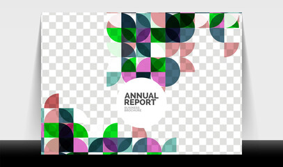 Horizontal A4 business flyer annual report template, circles and triangle style shapes modern geometric design for brochure layout, magazine or booklet