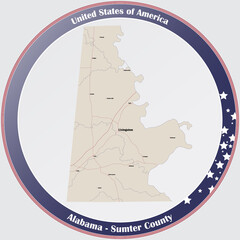 Round button with detailed map of Sumter county in Alabama, USA.