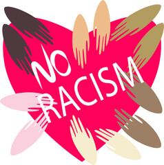 Multi-colored palms on a big red heart. The inscription NO RACISM. The concept of unity of races and peoples. Skin color discrimination. Poster. Print