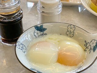 Half boiled egg, typical breakfast in Malaysia and Singapore.