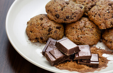 Chocolate chip cookies plate dust food