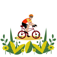 boy riding a bike in beautiful gardening 