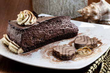 Chocolate cake cookies gold rings valentine anniversary food dessert plate mousse cream frosting