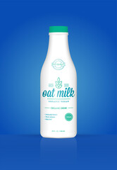 Oat Milk Oatmeal Bottle with Colorful Background. Healthy Organic Product. Vector Illustration. Advertising Template. Print.