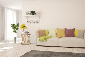 White living room with colorful sofa. Scandinavian interior design. 3D illustration