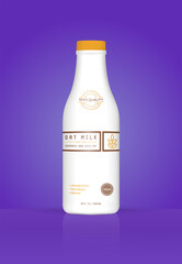 Oat Milk Oatmeal Bottle with Colorful Background. Healthy Organic Product. Vector Illustration. Advertising Template. Print.