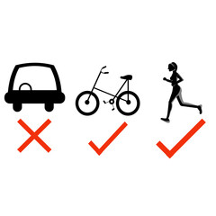 No car, ride bicycle and running or jogging  are correct , vector flat design concept ,idea for World car free day concept.