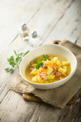 Homemade potato soup with smoked bacon