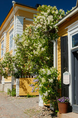 Fototapeta na wymiar Porvoo, Finland - 3 June 2020: Beautiful street with shops and blooming flowers in old town of Porvoo
