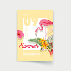 Poster with Pink Flamingo and Tropical Flowers, Palm Leaves. Template for Summer Sale Banner. Hello Summer Flyer, Vacation, Exotic Holidays Party Invitation, Greeting Card Design. Vector Illustration