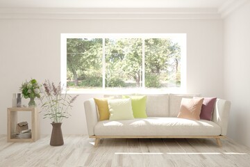 White living room with sofa and summer landscape in window. Scandinavian interior design. 3D illustration