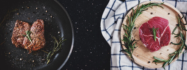 Grilled beef steak and Raw meat on black table