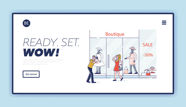 Street photo landing page with professional photographer take photo of female model over showcase