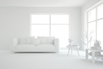White minimalist living room with sofa. Scandinavian interior design. 3D illustration