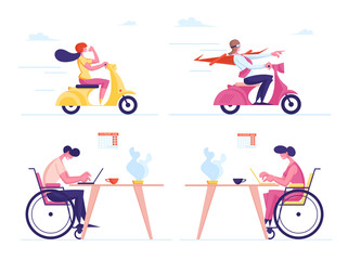 Obraz premium Set of Male and Female Business Characters Riding Scooter. Man in Super Hero Cloak Driving Moped. Handicapped People Working in Office. Disabled Employment, Leadership. Cartoon Vector Illustration