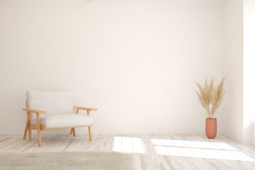 White living room with armchair. Scandinavian interior design. 3D illustration