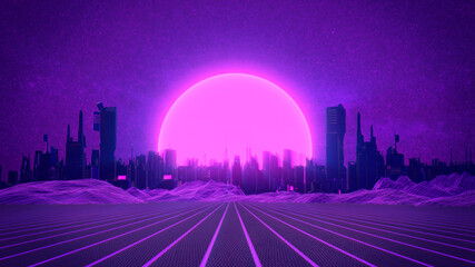 RETRO CITY SKYLINE: Neon glowing sun and starry sky | Synthwave / Retrowave / Vaporwave Background | 3D Illustration