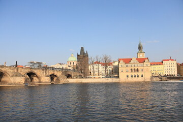 The romantic Vltava river,  the beautiful Charlies Bridge and other historic buildings in Prague, Czech Republic
