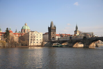 The romantic Vltava river,  the beautiful Charlies Bridge and other historic buildings in Prague, Czech Republic
