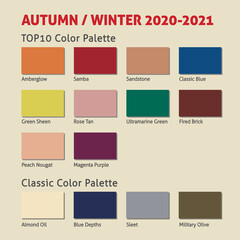 Autumn / Winter 2020-2021 trendy color palette. Fashion color trend. Palette guide with named color swatches. Saturated and classic neutral color samples set. Vector Illustration